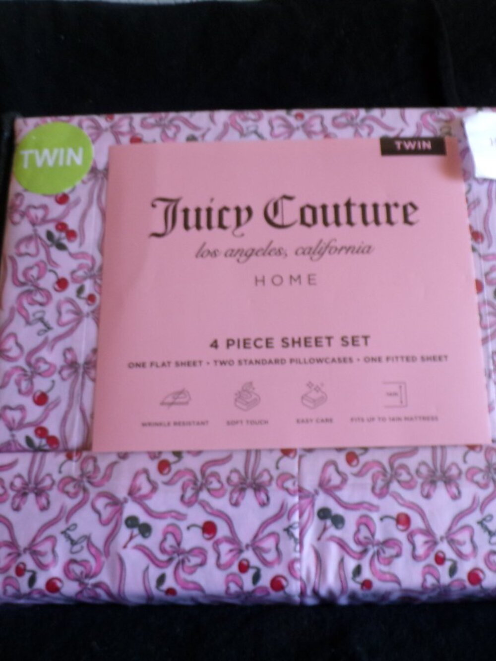 Juicy Couture Twin 4 pcs Bed Sheet Set NEW  Cherries Bows Logo
